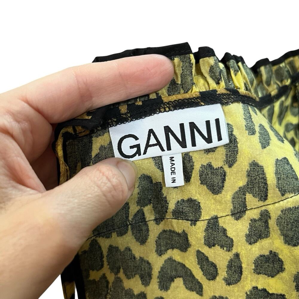 Ganni Leopard Print Blouse 38EU/Medium Tiered Ruffle Open Back Flutter Sleeve - Picture 5 of 10